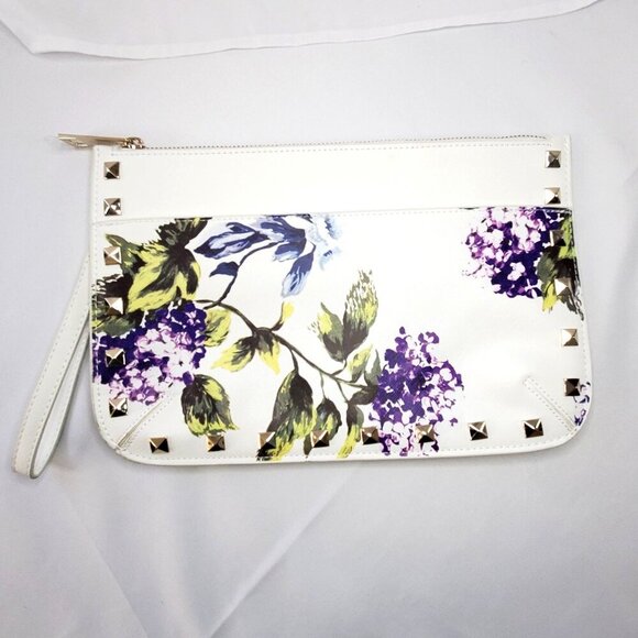 White House Black Market WHBM Floral Studded Wristlet Clutch White Purple Green - Picture 1 of 8